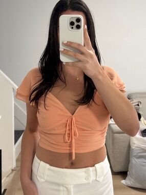 Privacy Please Peach Tie-Front Ruffle Crop Top